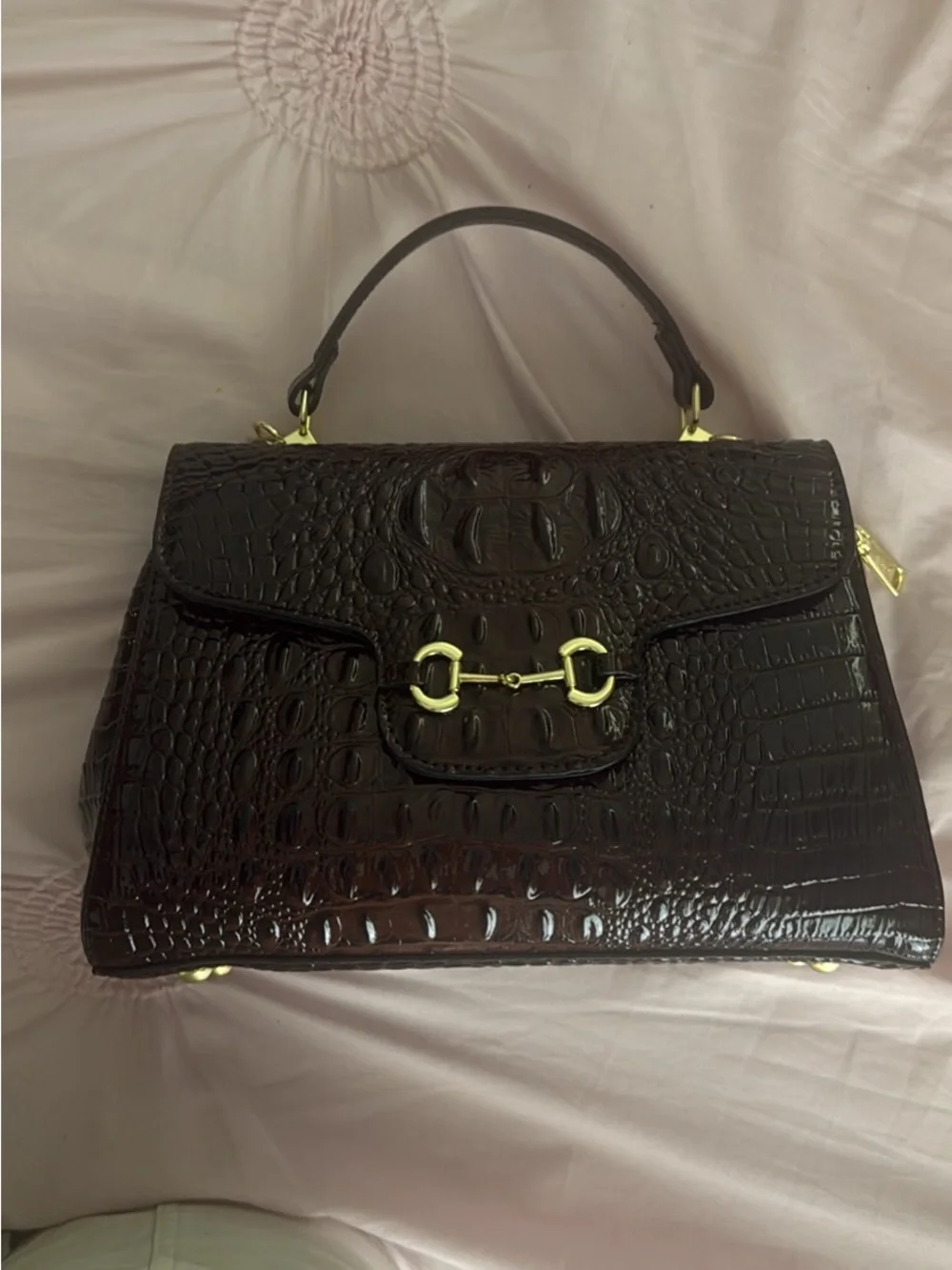 Source Unknown Dark Brown Croc-Embossed Top Handle Satchel with Gold Hardware